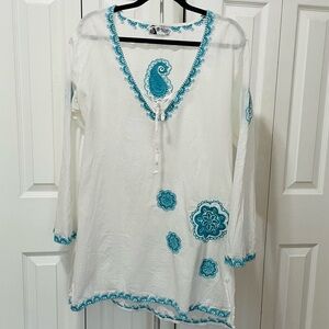 Mud Pie White Tunic Cover up with Teal Embroidery